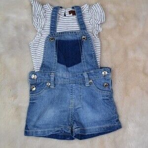 7 For All Mankind Girls Denim Overall Shorts Striped T-Shirt Set Size 12 Months
